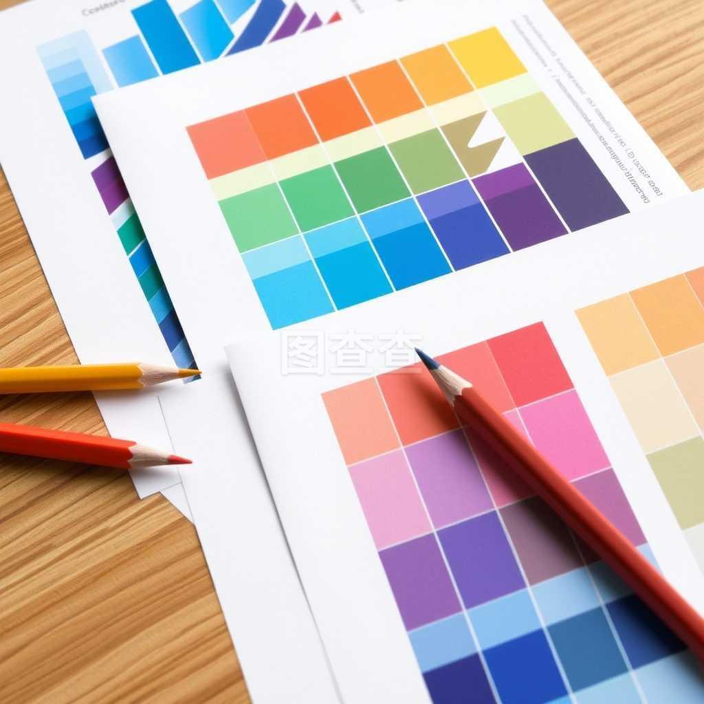 彩色圖表印刷文件,書(shū)桌上有鉛筆